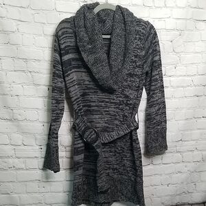 Chesley Gray Black Cowl Neck Belted Tunic Sweater Dress Medium